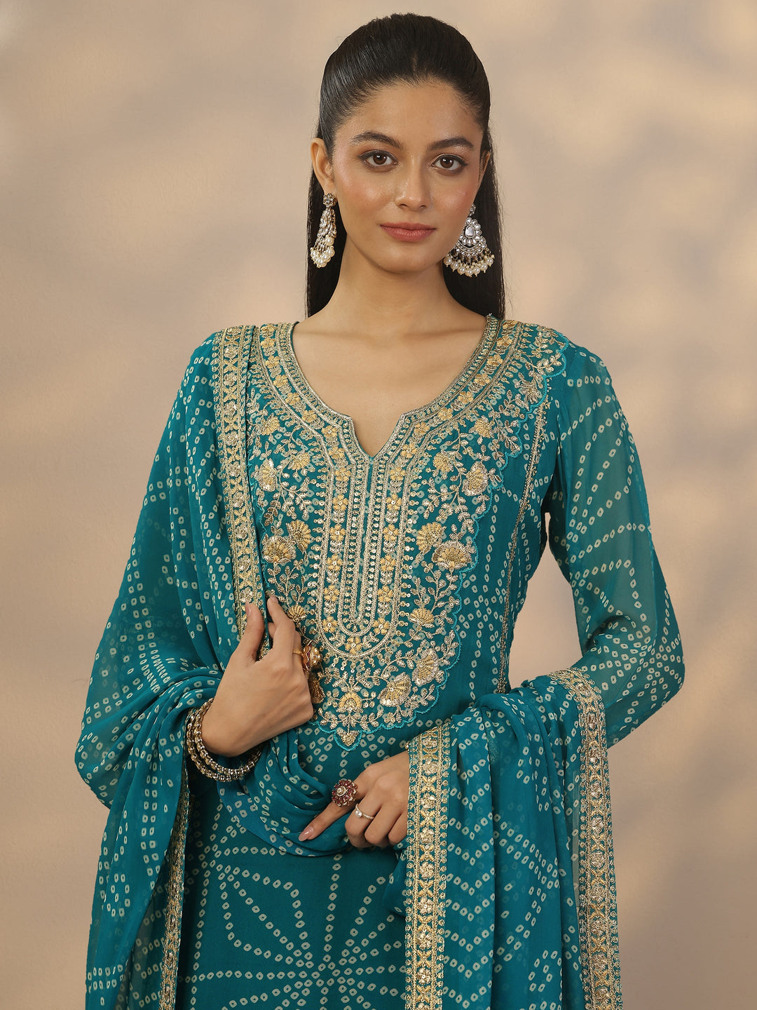  Libas Art Green Printed Georgette Straight Suit Set With Dupatta 