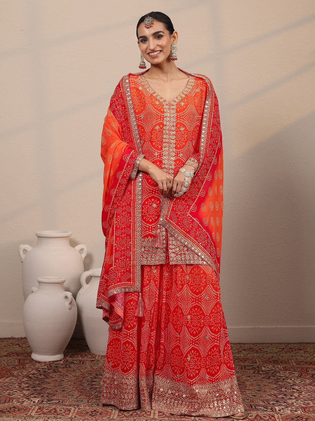  Libas Art Orange Printed Georgette Straight Suit Set With Dupatta 