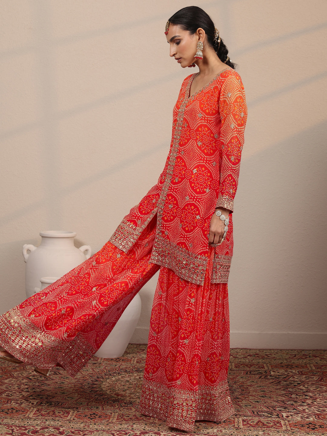  Libas Art Orange Printed Georgette Straight Suit Set With Dupatta 