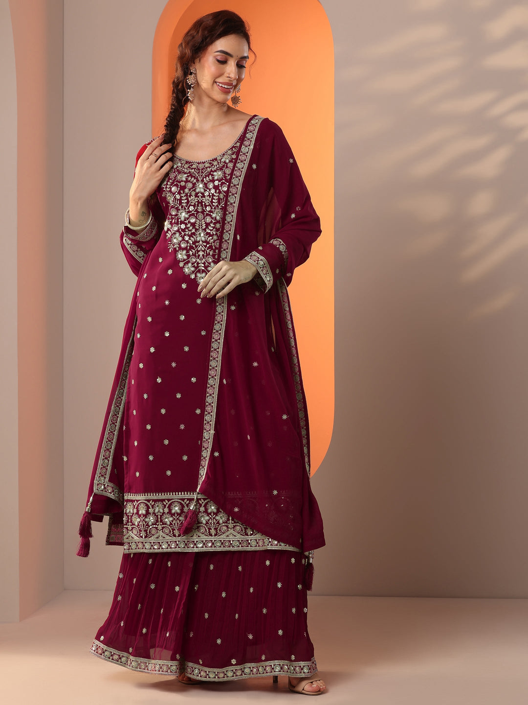  Kumkumeshwari Libas Art Maroon Embroidered Georgette Straight Suit Set With Dupatta 