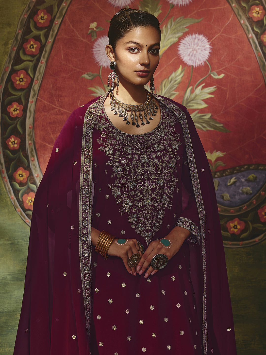  Libas Art Maroon Embroidered Georgette Straight Suit Set With Dupatta 