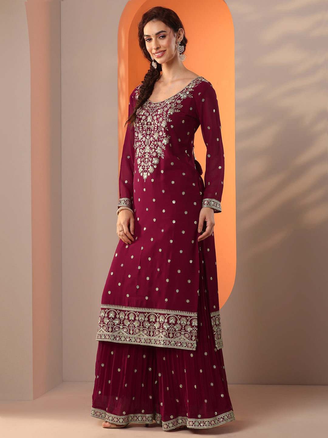  Libas Art Maroon Embroidered Georgette Straight Suit Set With Dupatta 