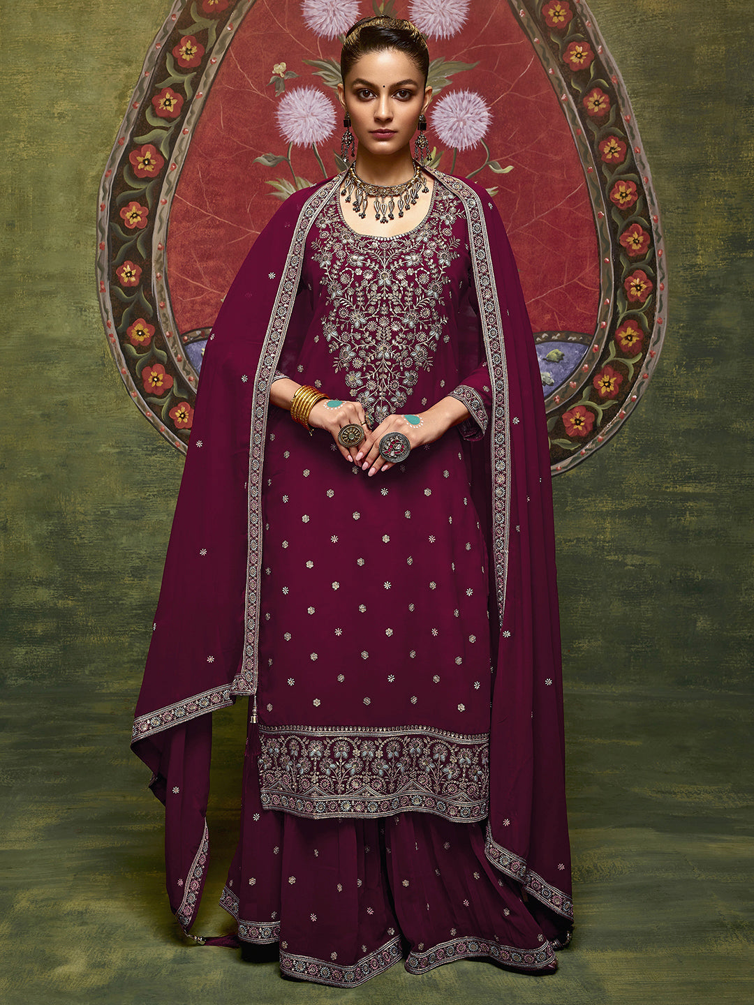 Libas Art Maroon Embroidered Georgette Straight Suit Set With Dupatta