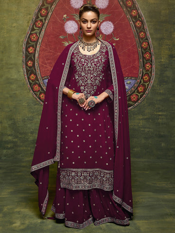 Kumkumeshwari Libas Art Maroon Embroidered Georgette Straight Suit Set With Dupatta