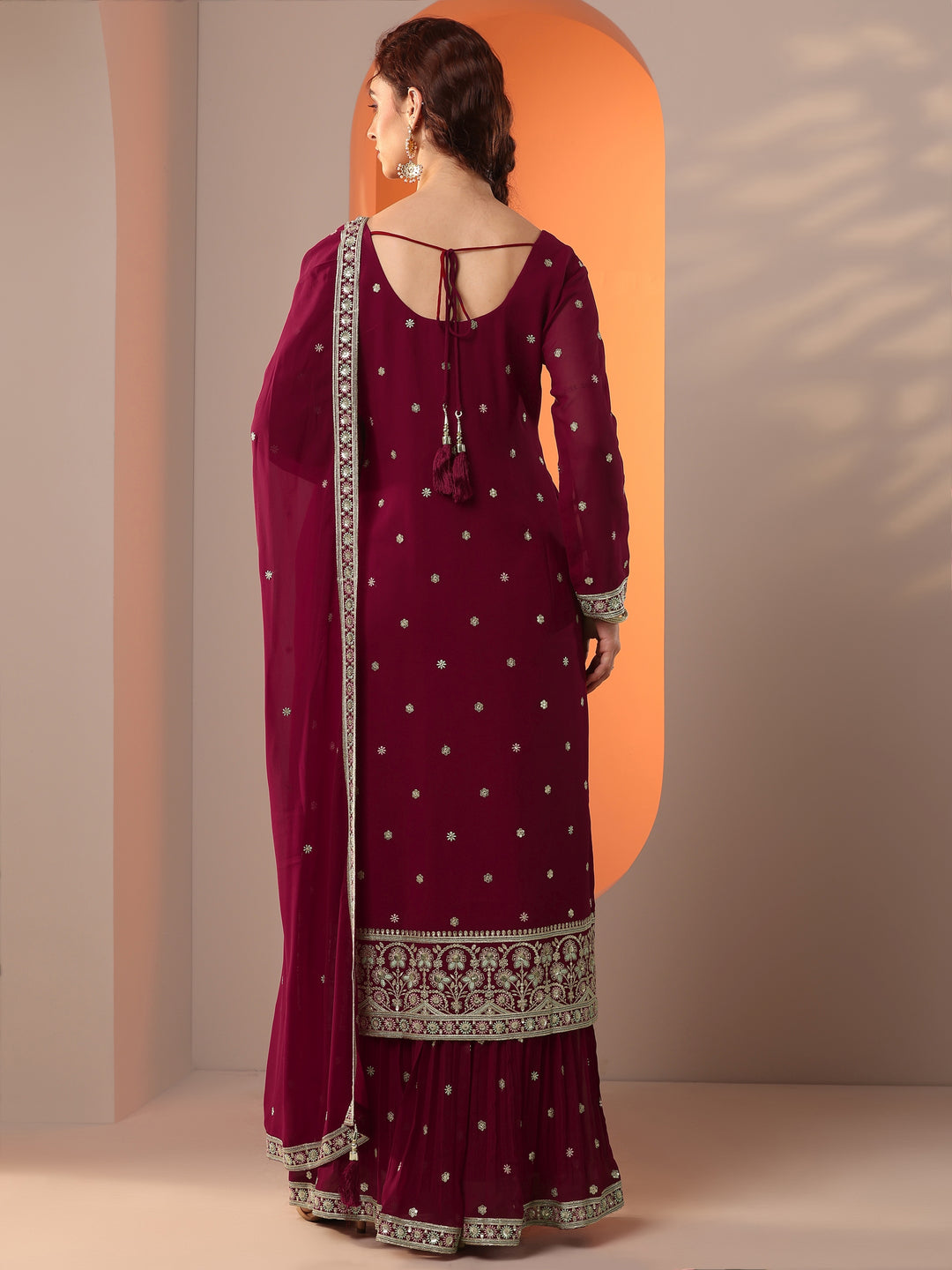  Libas Art Maroon Embroidered Georgette Straight Suit Set With Dupatta 