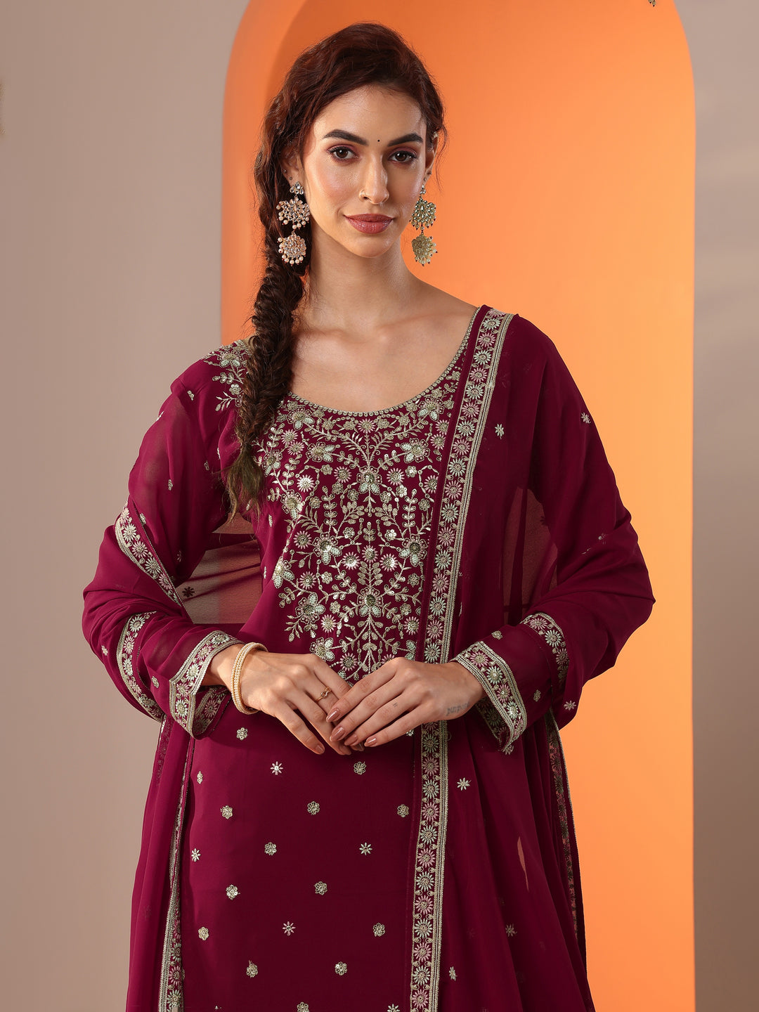  Libas Art Maroon Embroidered Georgette Straight Suit Set With Dupatta 