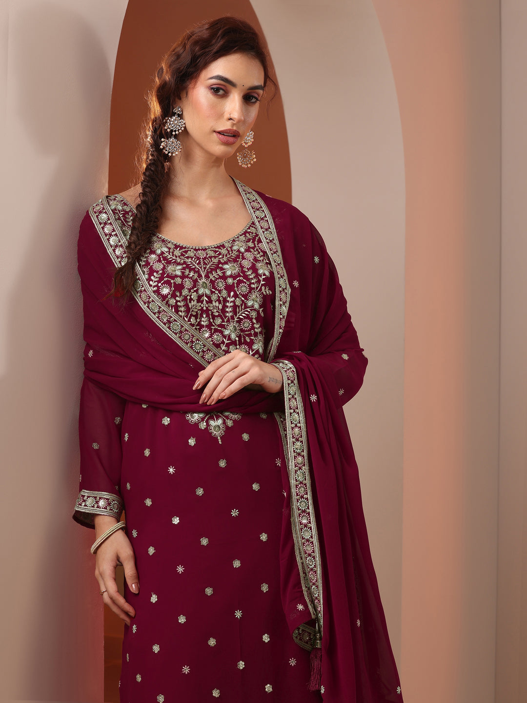 Libas Art Maroon Embroidered Georgette Straight Suit Set With Dupatta