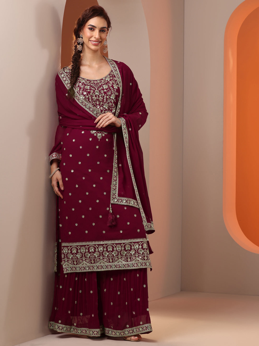  Kumkumeshwari Libas Art Maroon Embroidered Georgette Straight Suit Set With Dupatta 