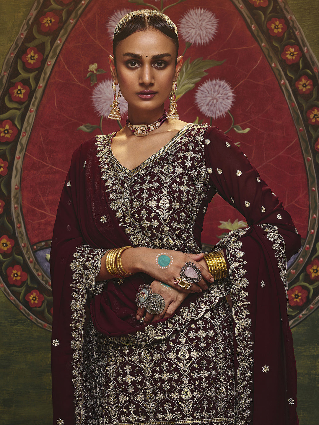 Maroon Embroidered Georgette Straight Suit Set With Dupatta