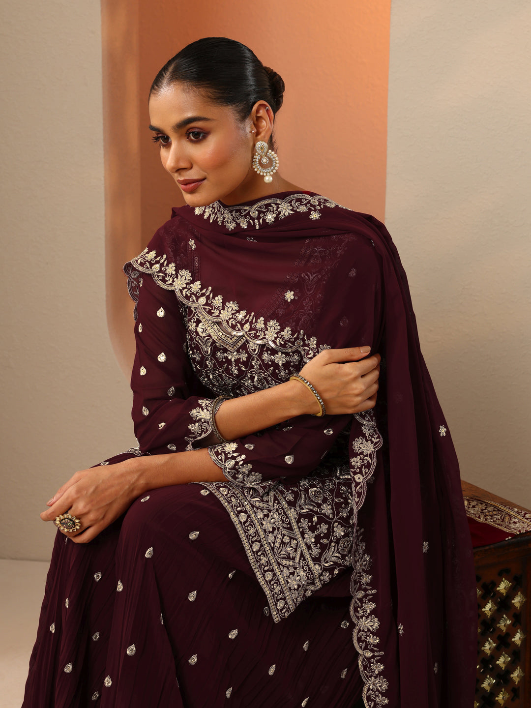  Maroon Embroidered Georgette Straight Suit Set With Dupatta 
