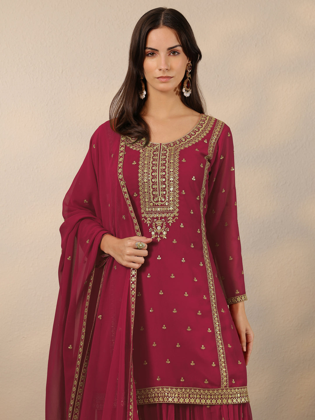  Pink Embroidered Georgette Suit Set With Dupatta 