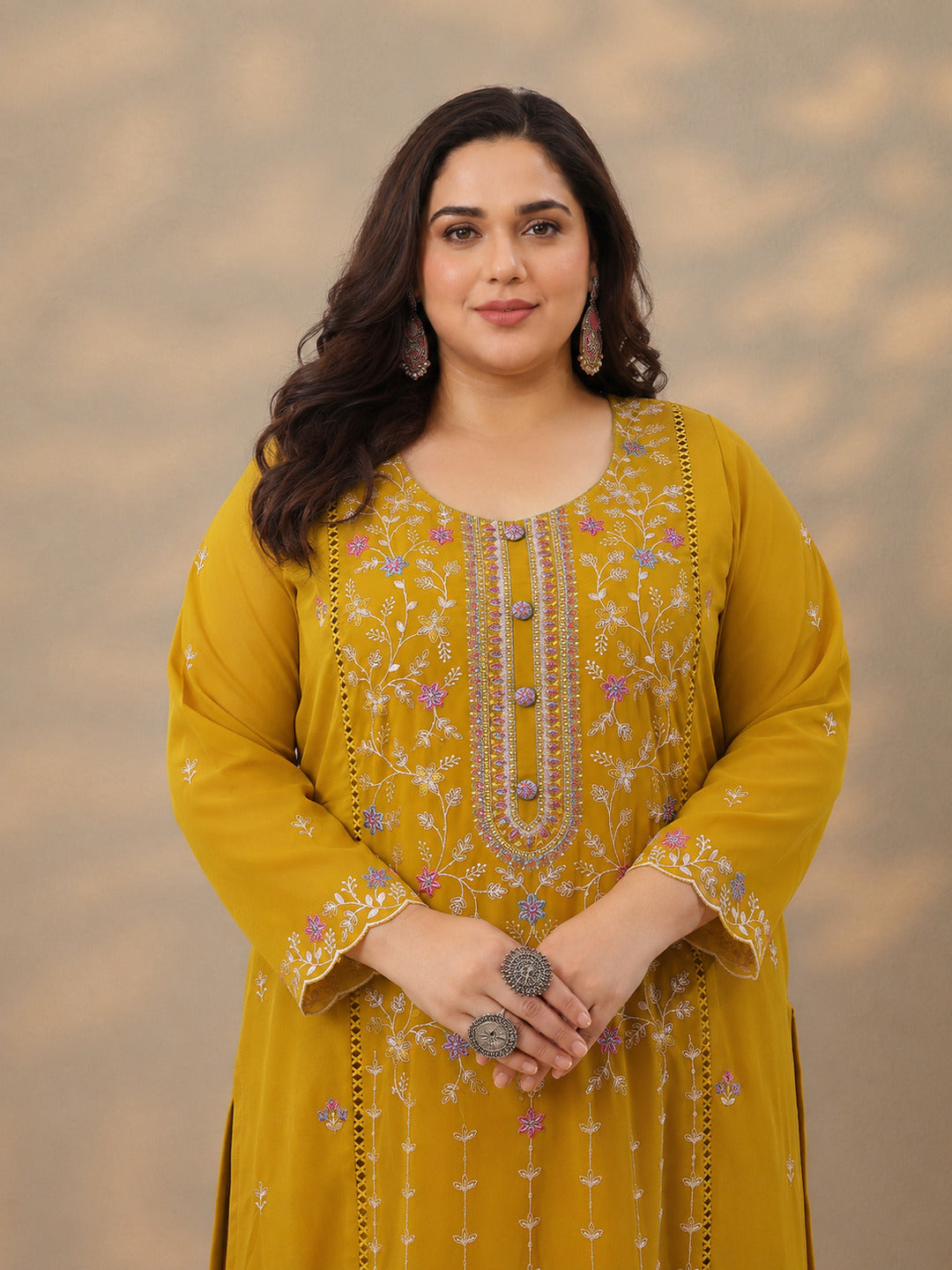  Plus Size Mustard Embroidered Georgette Straight Suit Set With Dupatta 