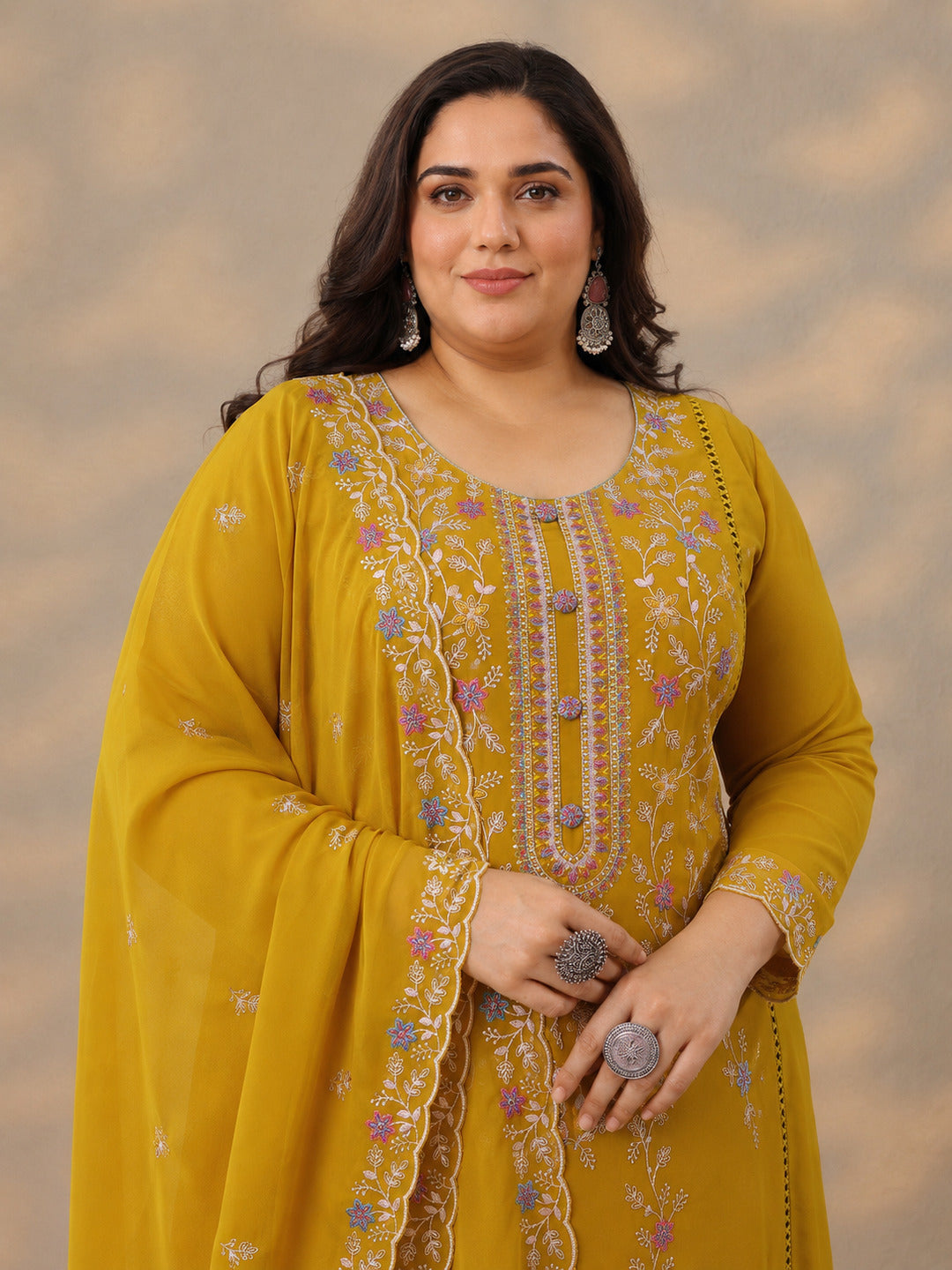  Plus Size Mustard Embroidered Georgette Straight Suit Set With Dupatta 