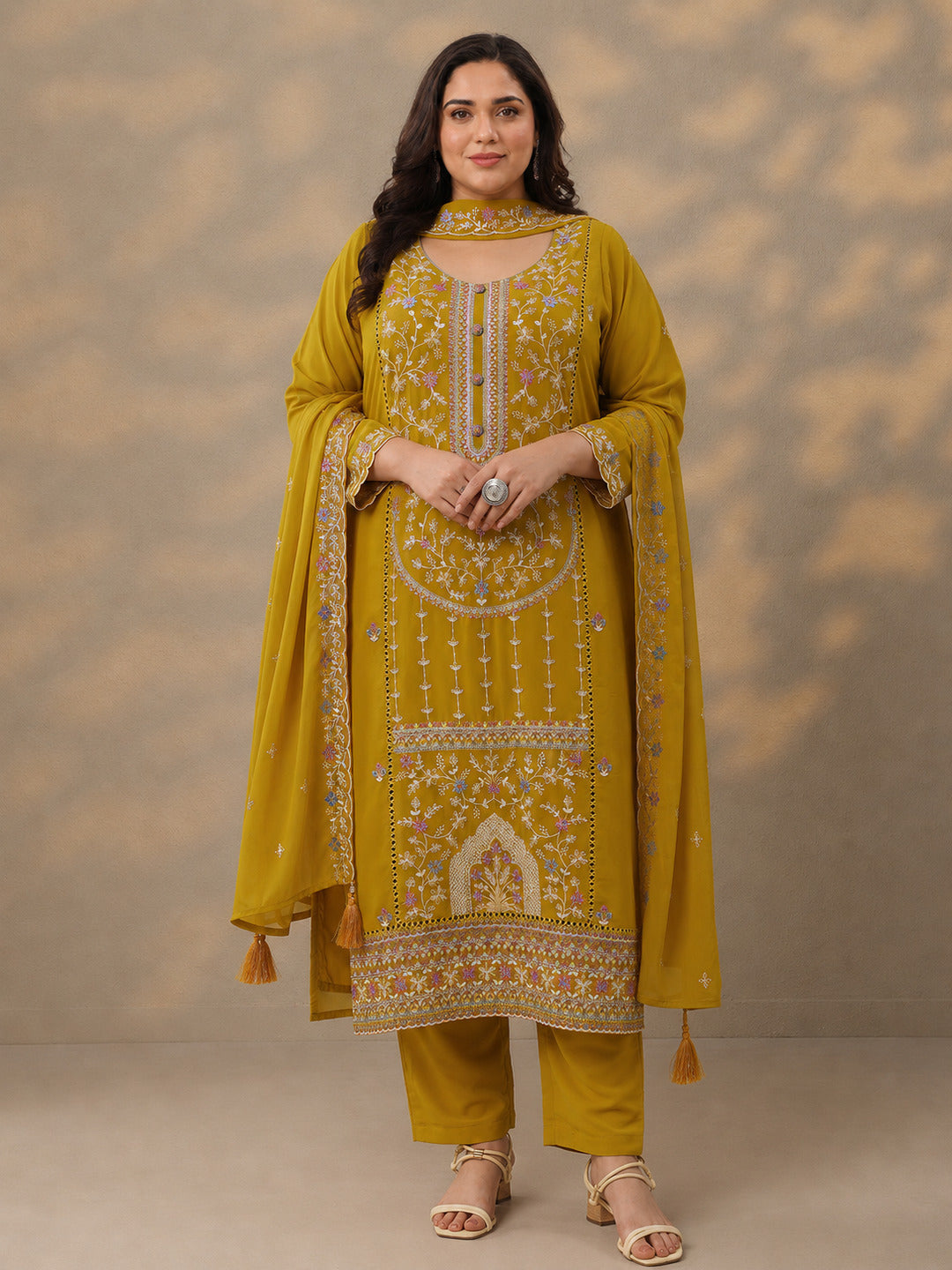  Plus Size Mustard Embroidered Georgette Straight Suit Set With Dupatta 