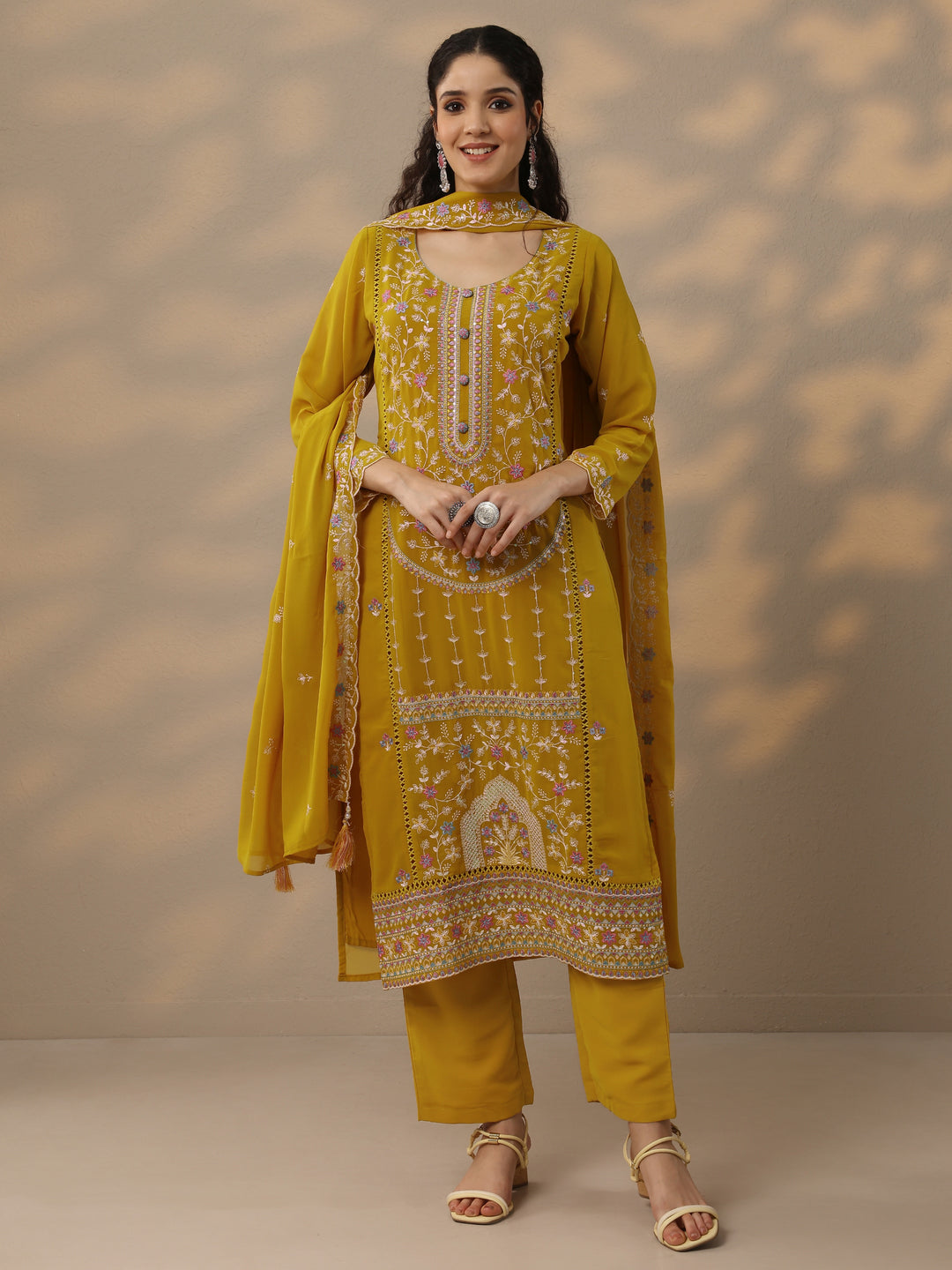  Libas Art Mustard Embroidered Georgette Straight Suit Set With Dupatta 