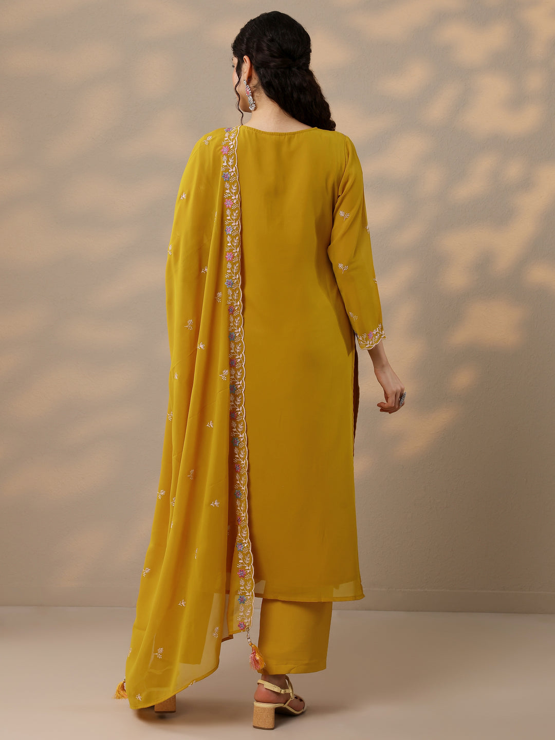  Mustard Embroidered Georgette Straight Suit Set With Dupatta 