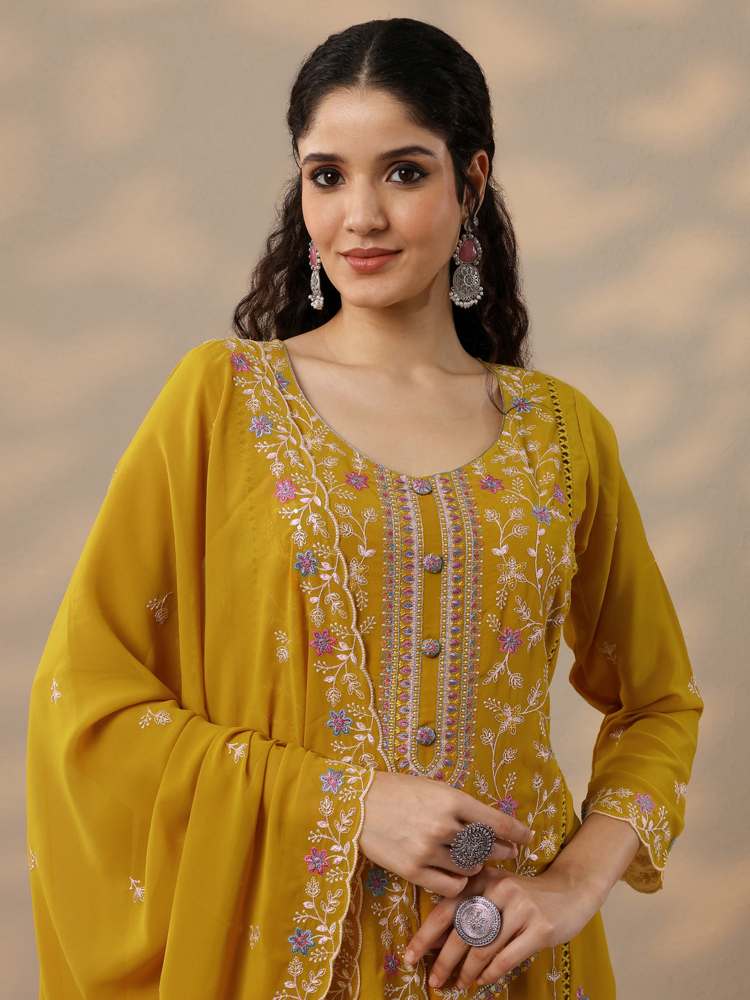  Libas Art Mustard Embroidered Georgette Straight Suit Set With Dupatta 