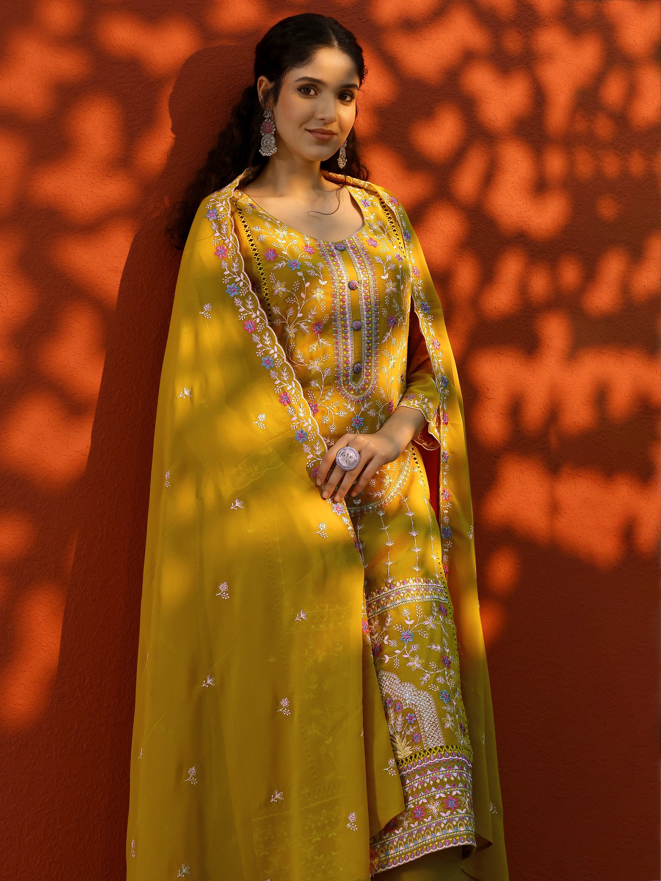 libas Mustard Embroidered Georgette Straight Suit Set With Dupatta-picture-64