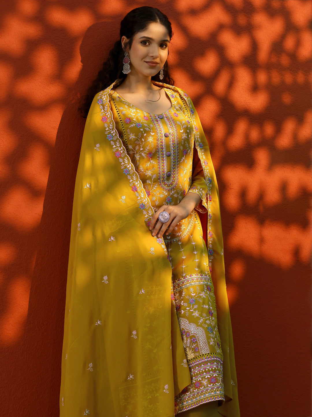  Mustard Embroidered Georgette Straight Suit Set With Dupatta 