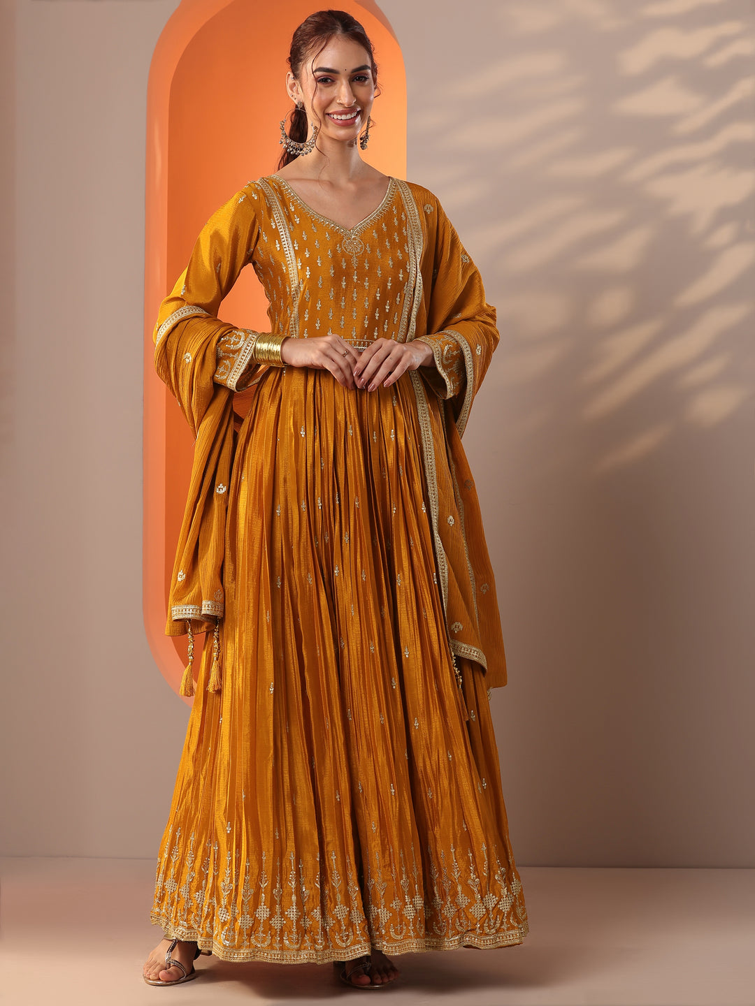 Libas Art Mustard Embroidered Chinon Anarkali Suit Set With Dupatta 