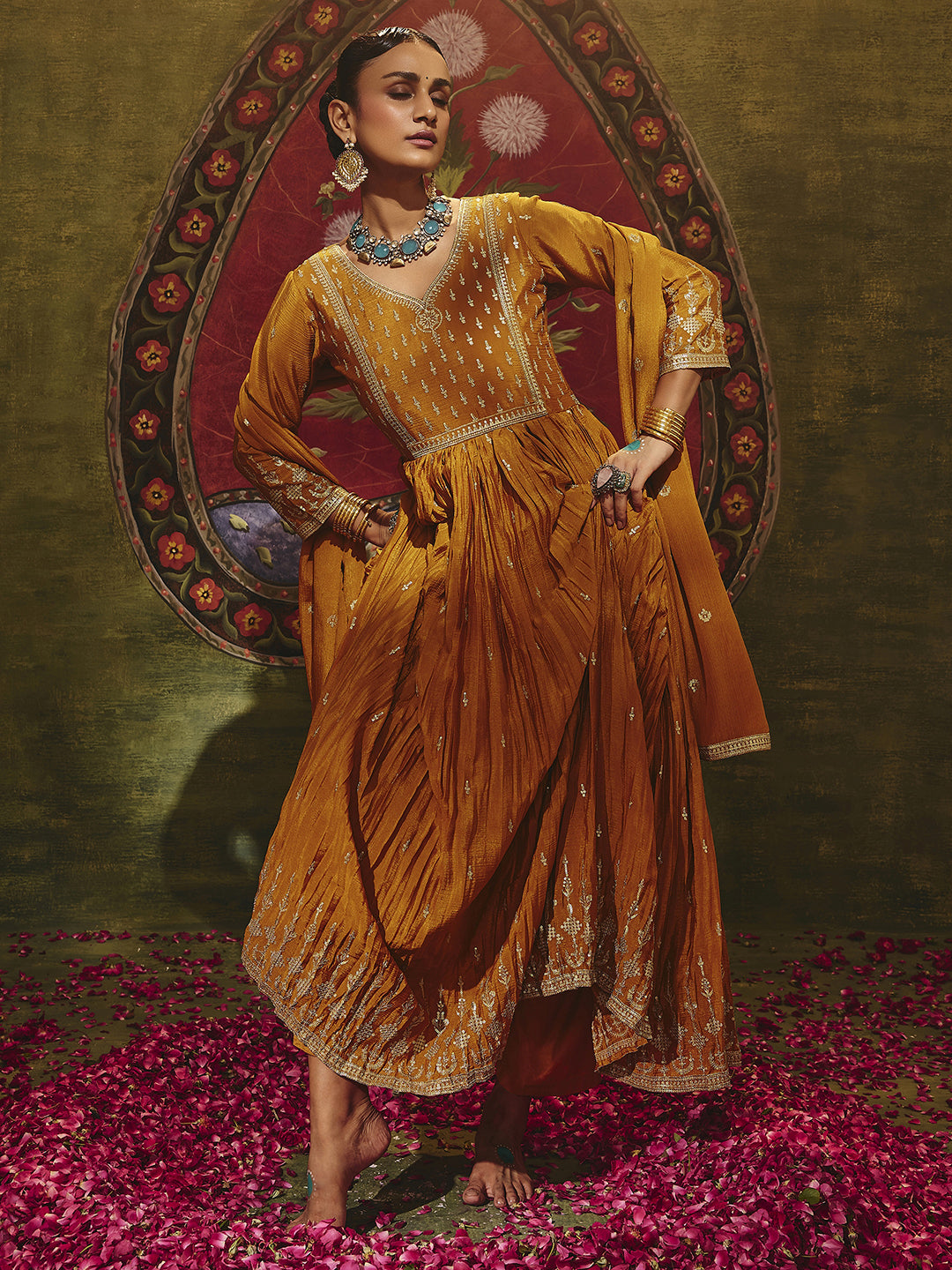 Libas Art Mustard Embroidered Chinon Anarkali Suit Set With Dupatta