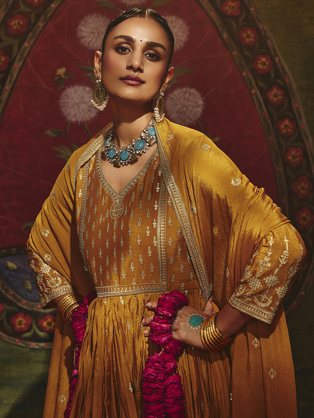  Libas Art Mustard Embroidered Chinon Anarkali Suit Set With Dupatta 
