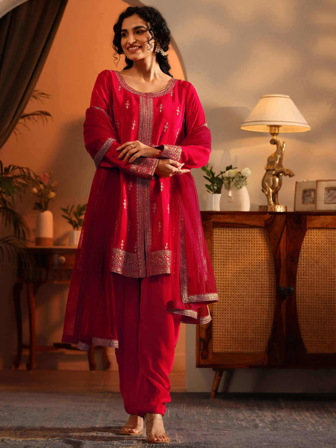  Libas Art Red Embroidered Silk Blend Straight Suit Set With Dupatta 