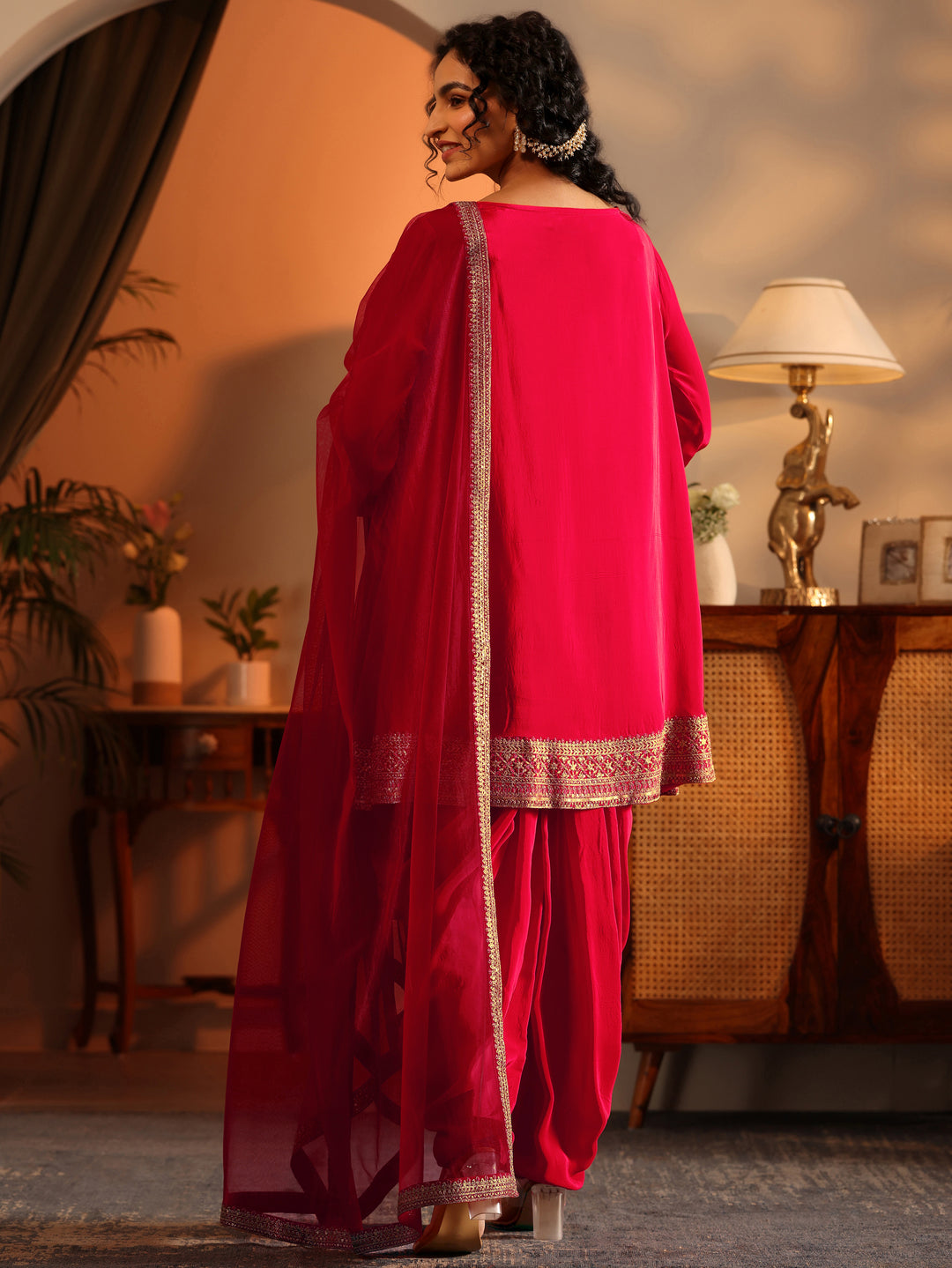  Libas Art Red Embroidered Silk Blend Straight Suit Set With Dupatta 