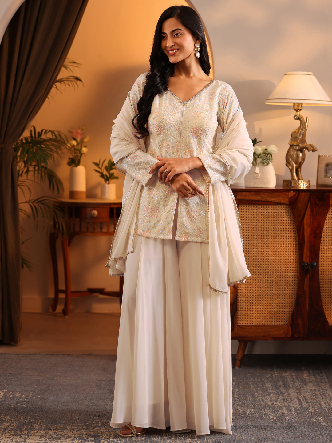  Libas Art White Embroidered Georgette Straight Suit Set With Dupatta 