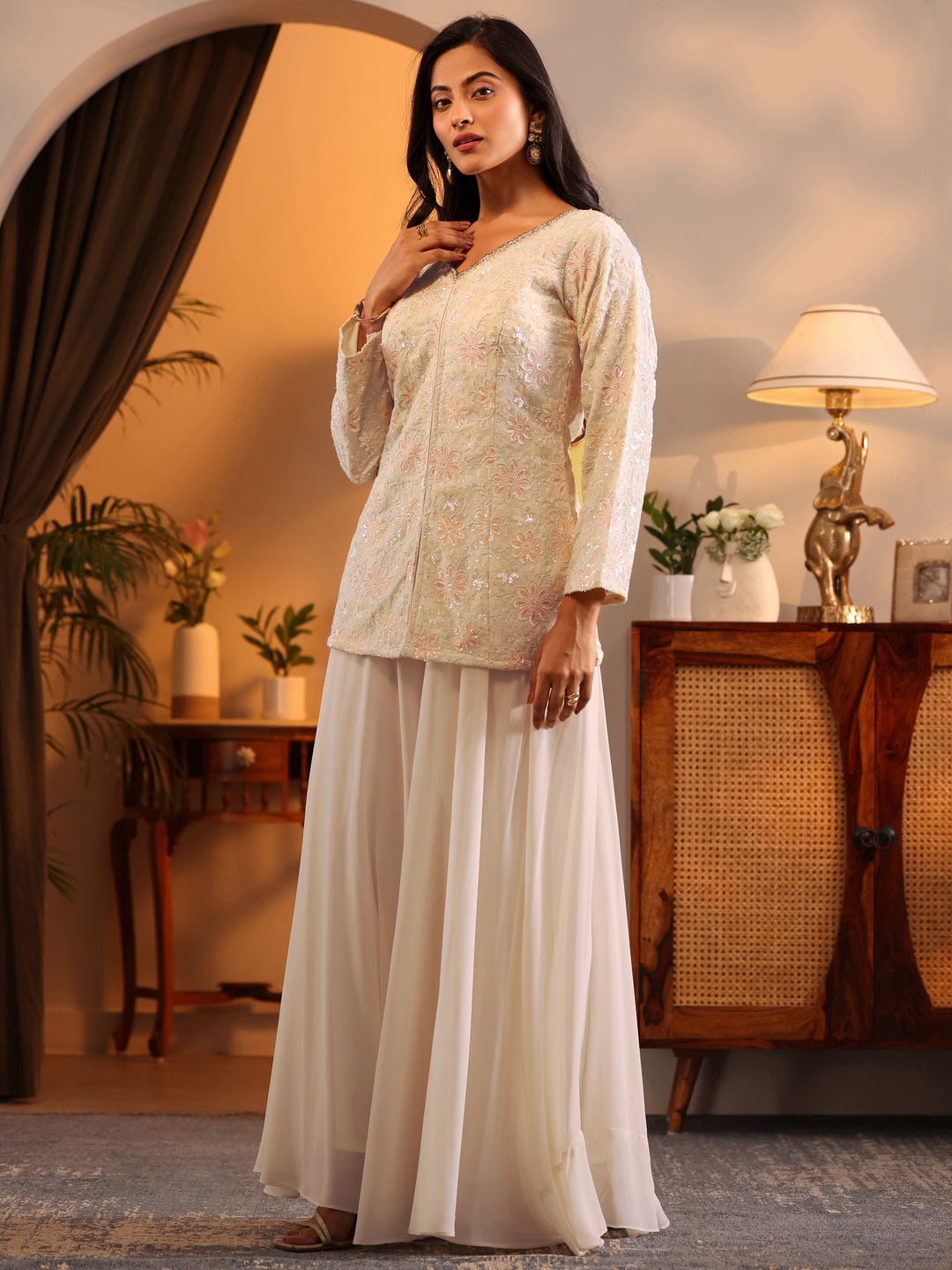  Libas Art White Embroidered Georgette Straight Suit Set With Dupatta 