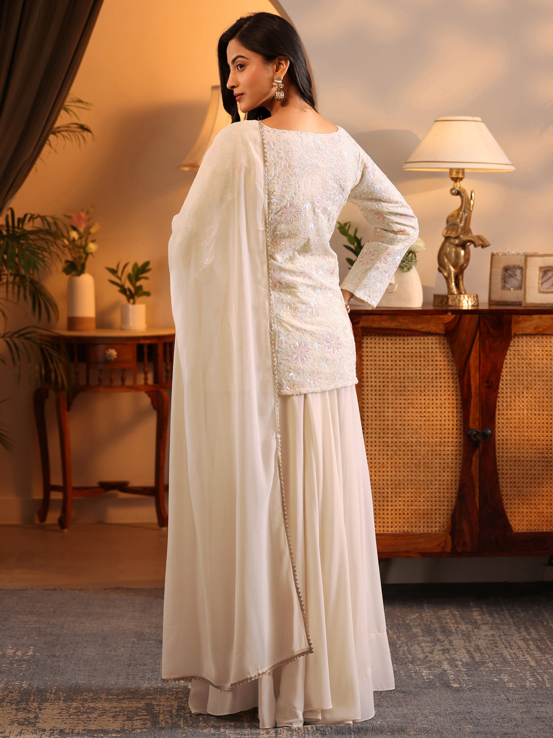  Libas Art White Embroidered Georgette Straight Suit Set With Dupatta 