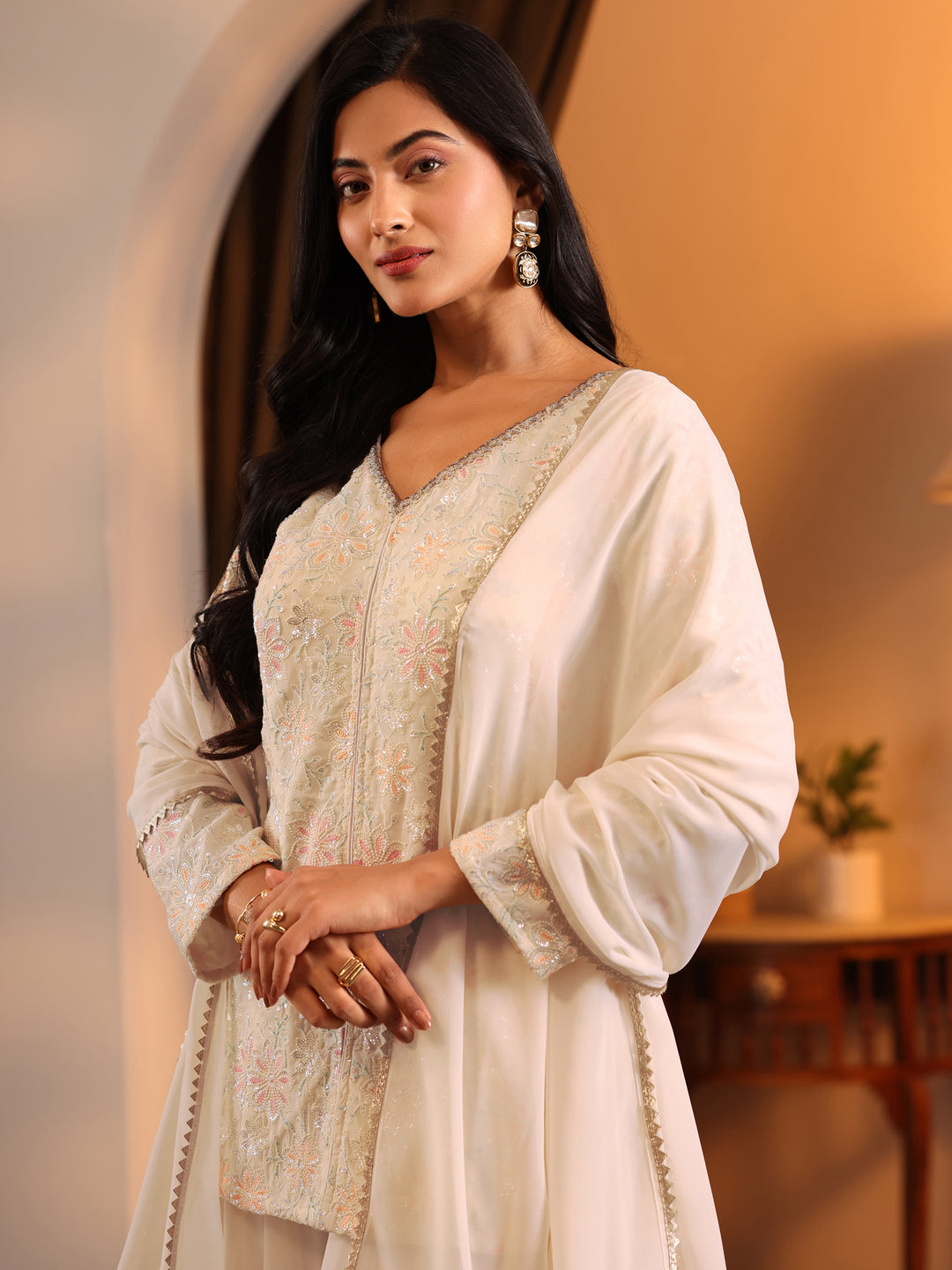  Libas Art White Embroidered Georgette Straight Suit Set With Dupatta 