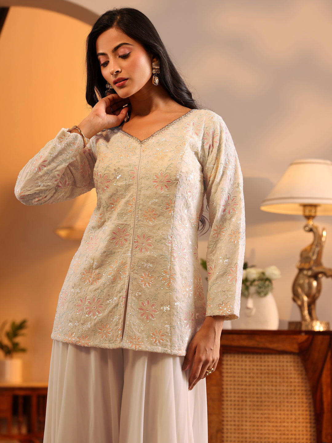  Libas Art White Embroidered Georgette Straight Suit Set With Dupatta 