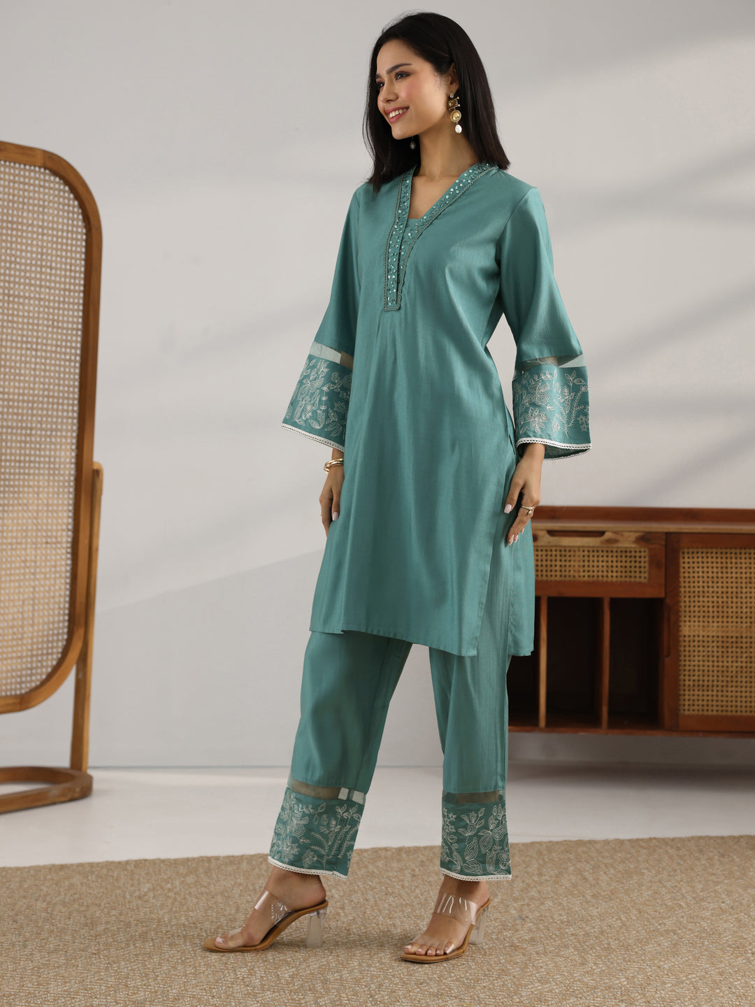  Grey Embroidered Silk Blend Co-Ord Set 