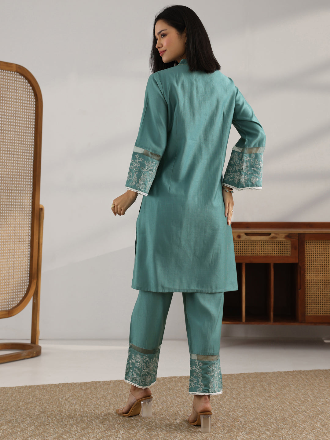  Grey Embroidered Silk Blend Co-Ord Set 