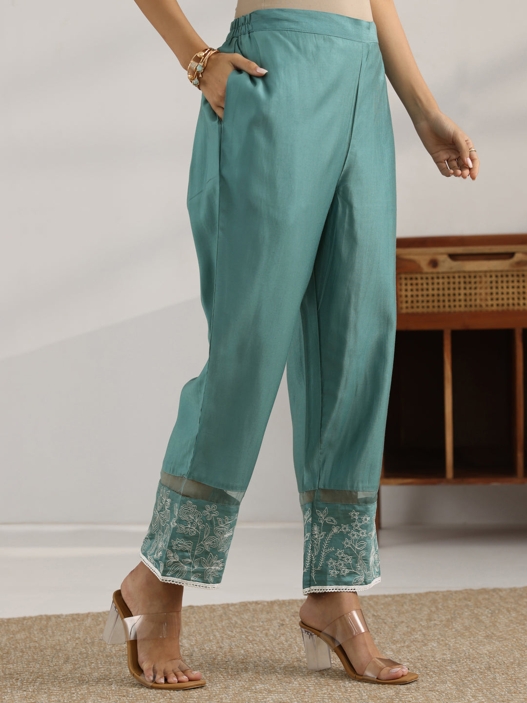  Grey Embroidered Silk Blend Co-Ord Set 