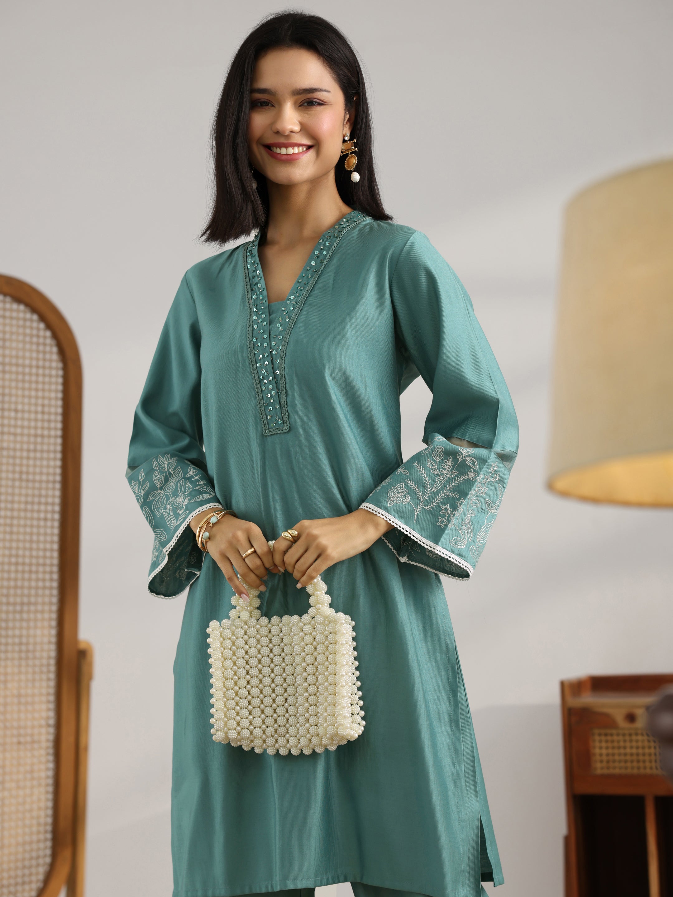 Grey Embroidered Silk Blend Co-Ord Set-image-35