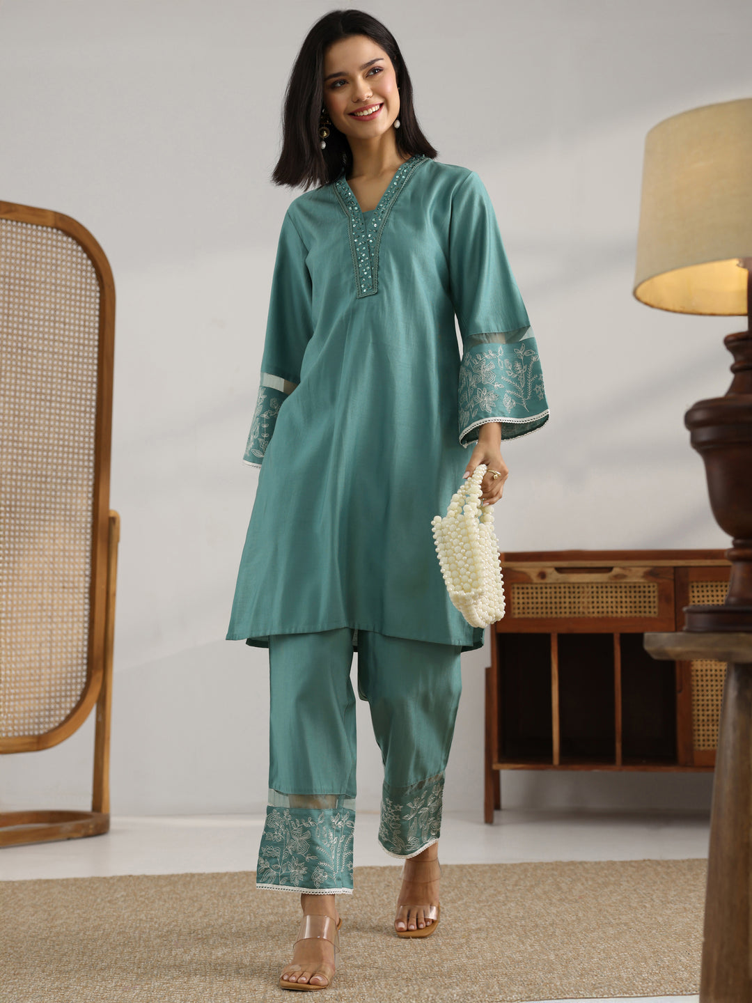  Grey Embroidered Silk Blend Co-Ord Set 