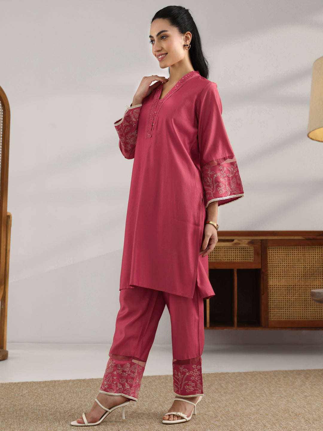  Coral Solid Silk Blend Co-Ord Sets 