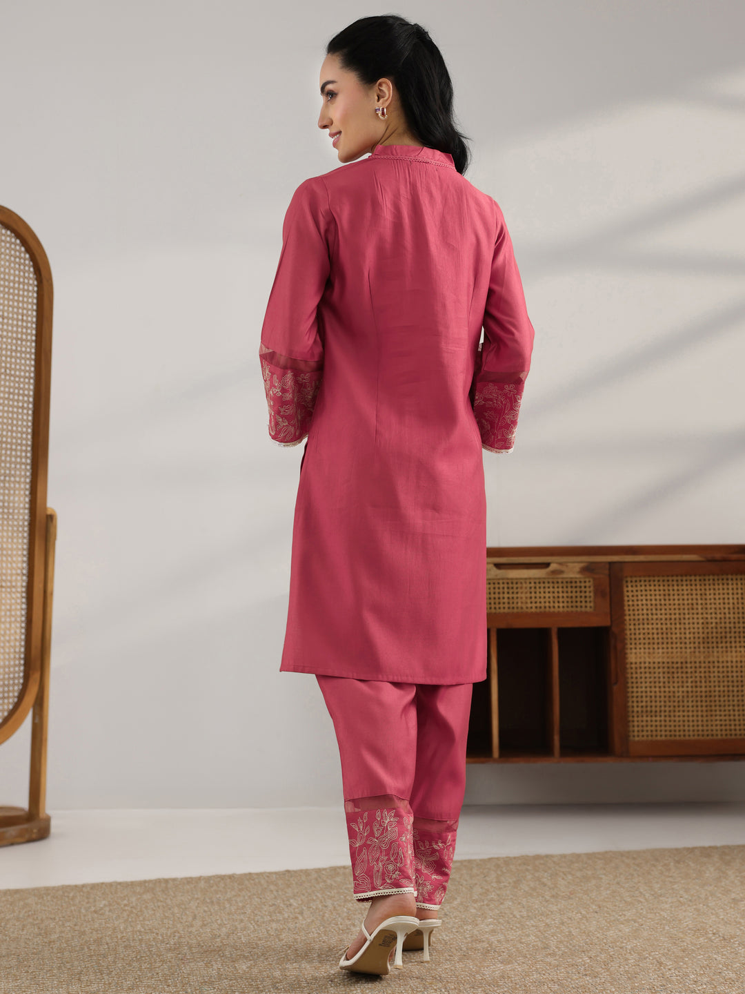  Coral Solid Silk Blend Co-Ord Sets 