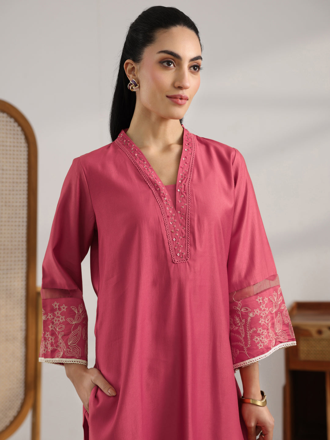  Coral Solid Silk Blend Co-Ord Sets 