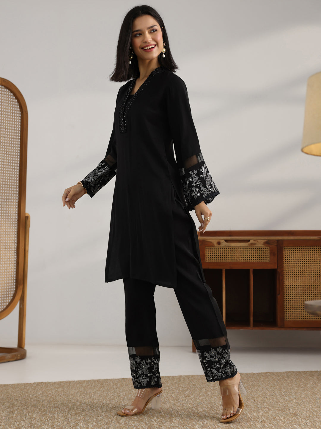  Black Embroidered Silk blend Co-Ord Sets 