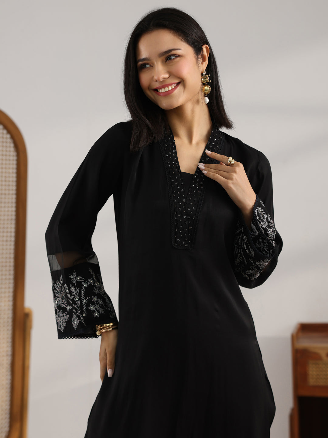  Black Embroidered Silk blend Co-Ord Sets 