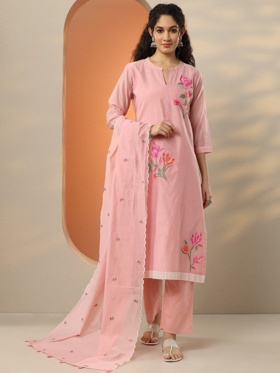  Pink Embroidered Silk Blend  Straight Suit Set With Dupatta 