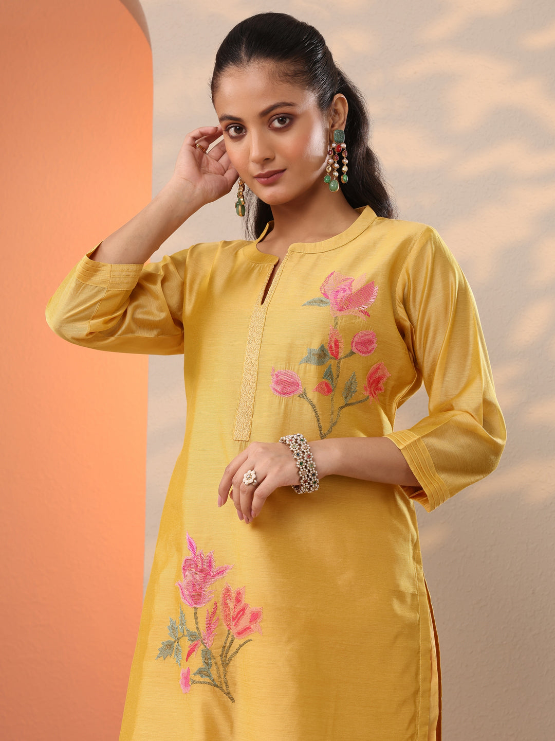  Yellow Embroidered Silk Blend Straight Suit Set With Dupatta 