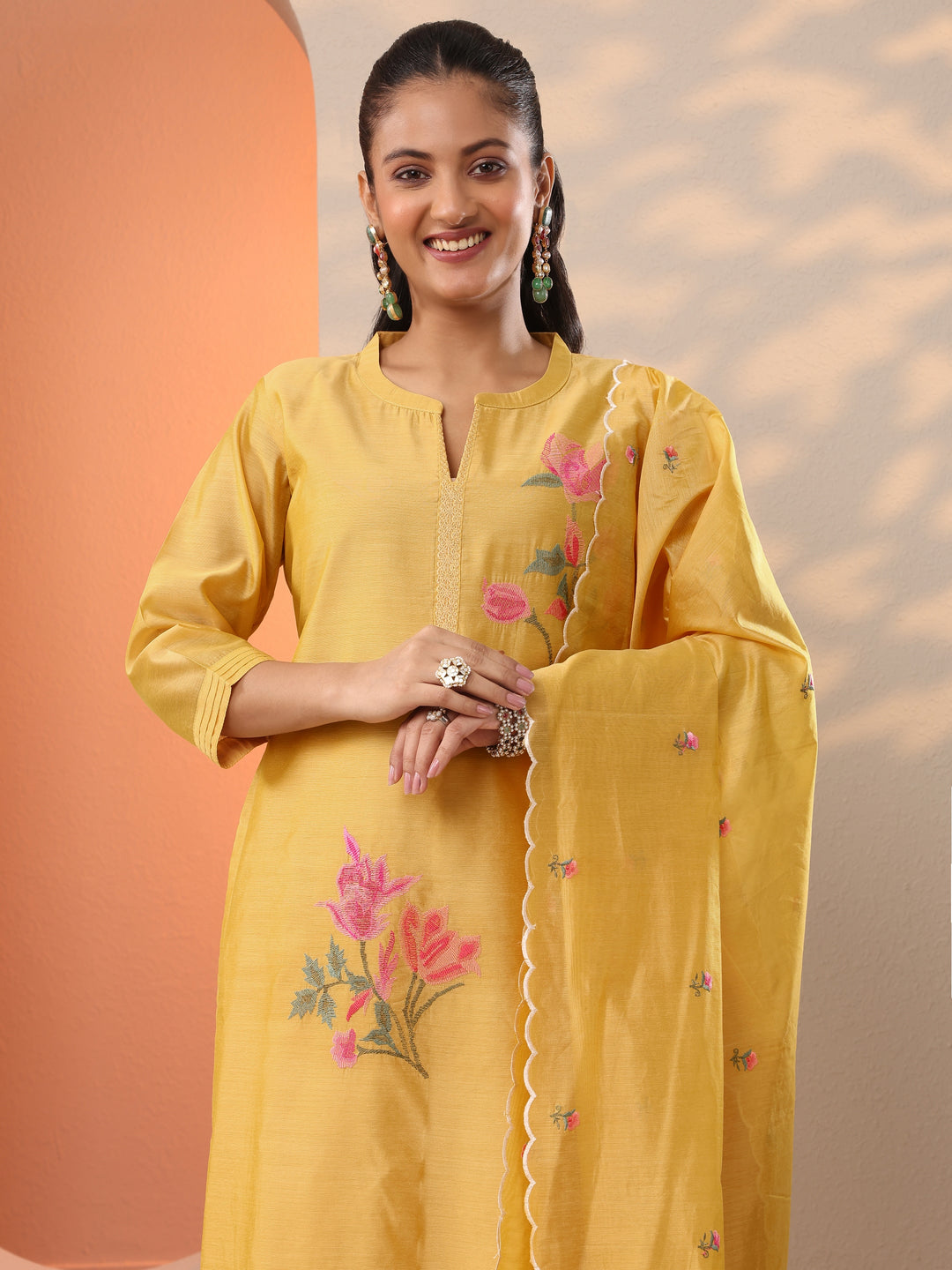  Yellow Embroidered Silk Blend Straight Suit Set With Dupatta 