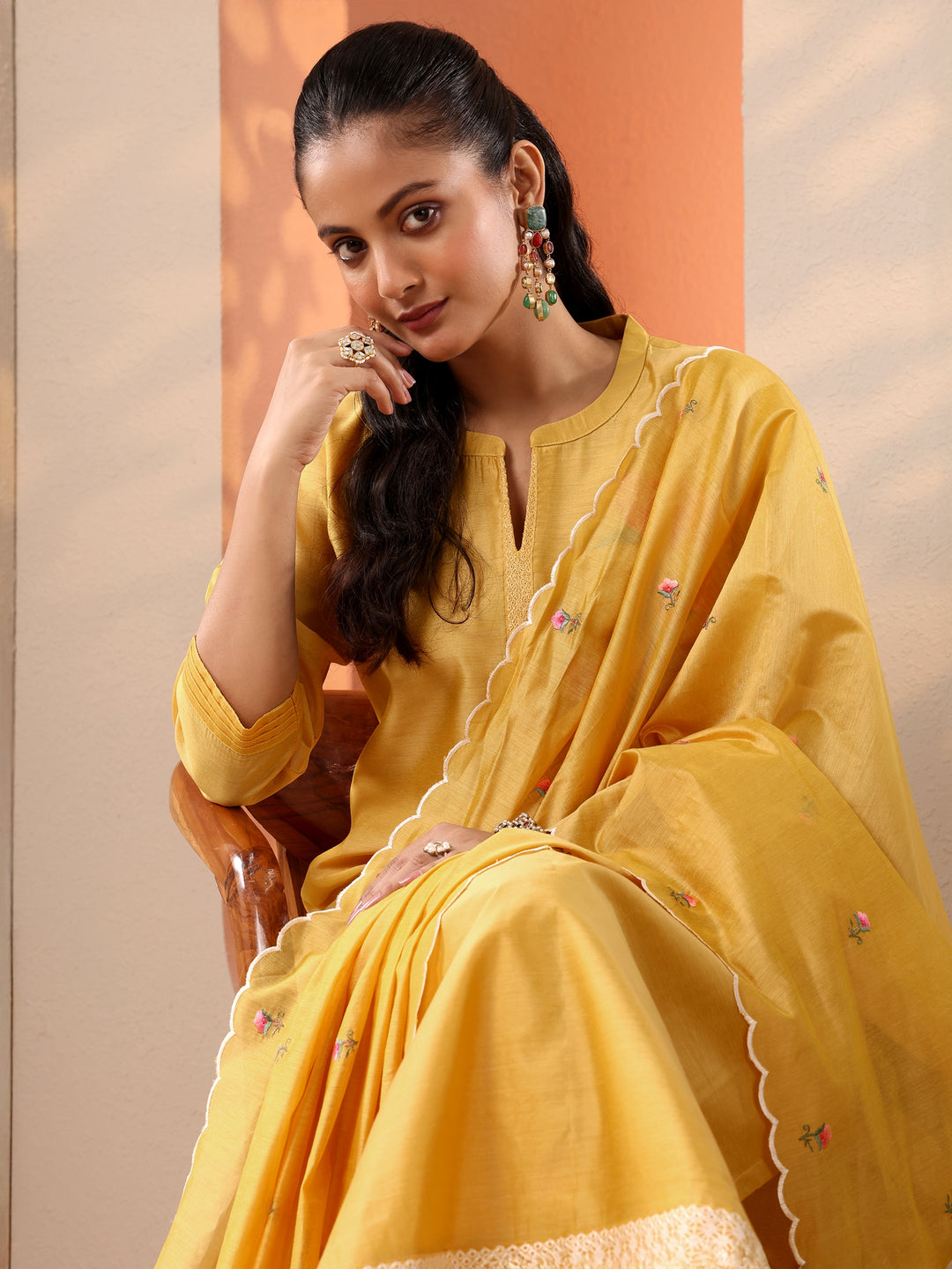  Yellow Embroidered Silk Blend Straight Suit Set With Dupatta 