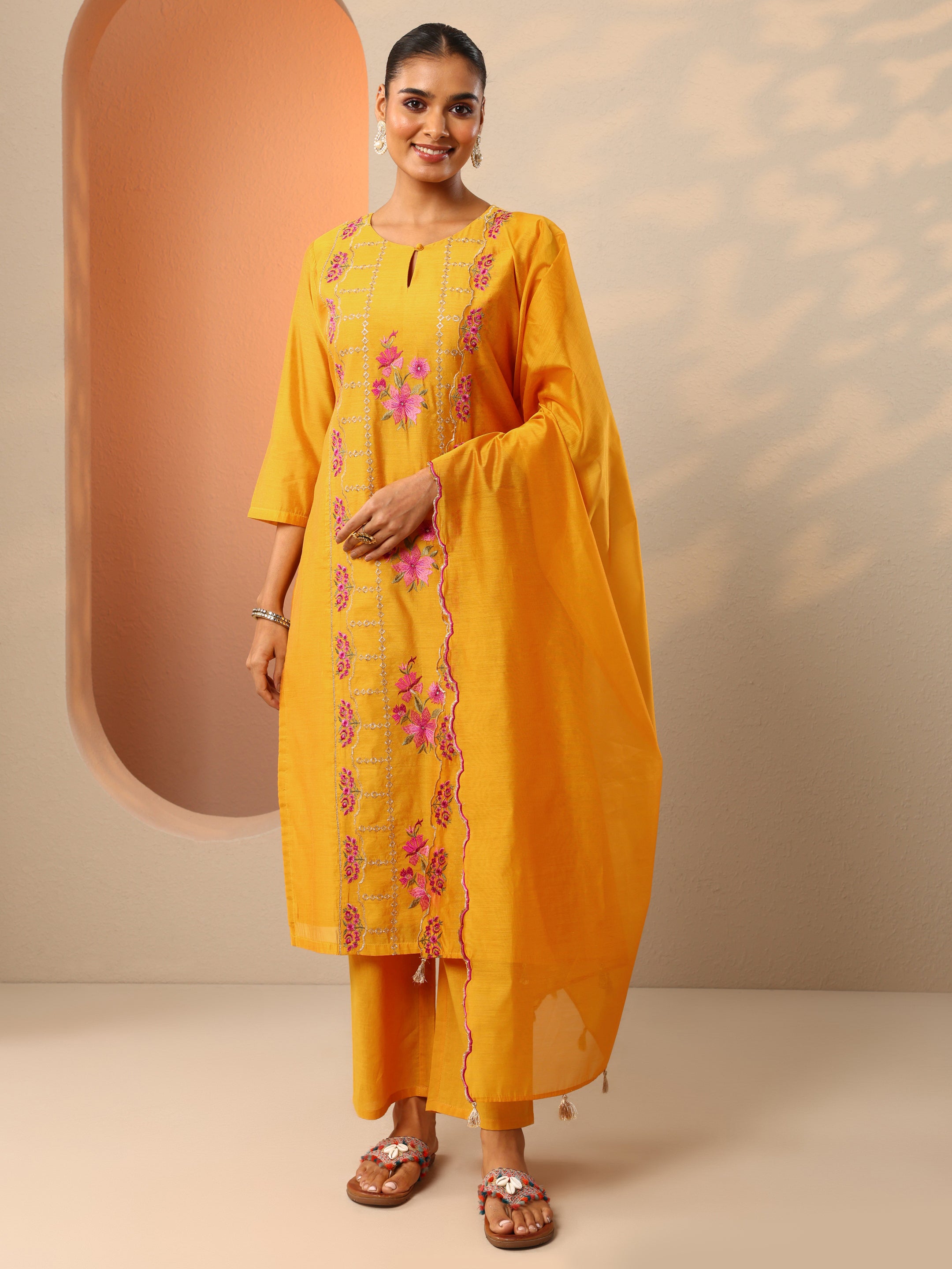 libas Mustard Embroidered Silk Blend Straight Suit Set With Dupatta-picture-38