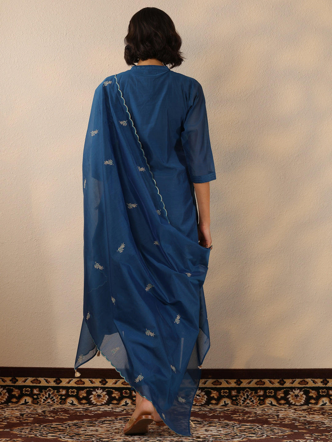  Navy Blue Embroidered Silk Blend  Straight Suit Set With Dupatta 
