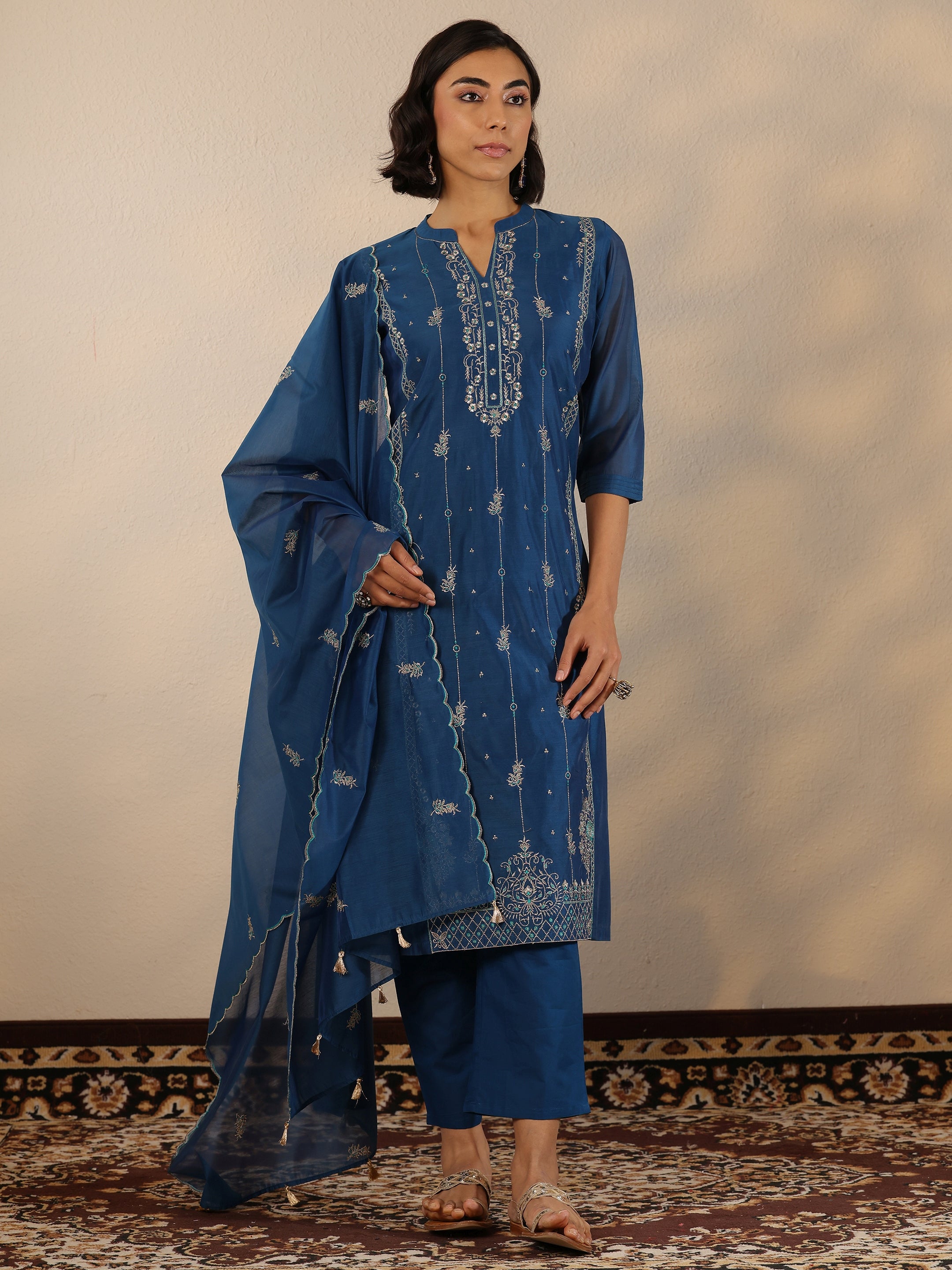 libas Navy Blue Embroidered Silk Blend Straight Suit Set With Dupatta-picture-47